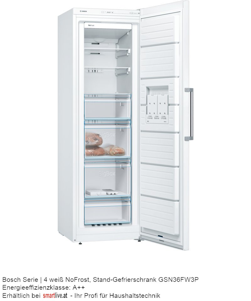 Bosch Serie | 4 wei NoFrost, Stand-Gefrierschrank GSN36FW3P